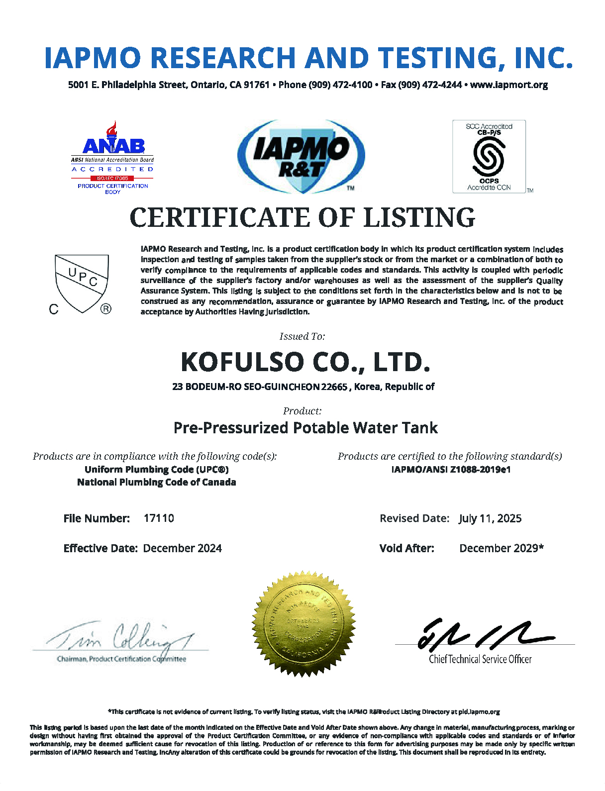 Pre-pressurized potable water tank